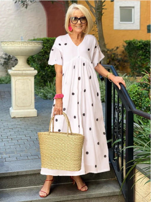 New Women's Polka Dot V-neck Short Sleeve Girdle Dress