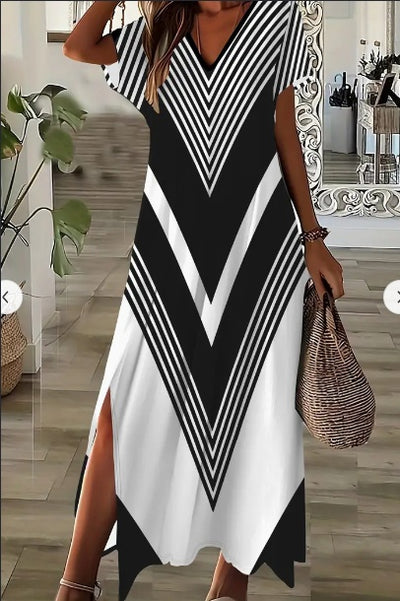 Color Block V Neck Dress, Elegant Short Sleeve Slit Dress For Spring & Summer, Women's Clothing