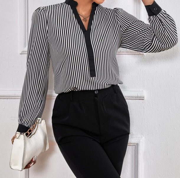 Ladies' New Striped V-neck Cuff Collar Color Block Splicing Fashion Shirt