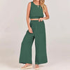 Casual Round Neck Sleeveless Elastic Lower Hem High Waist Wide Leg Two-piece Set