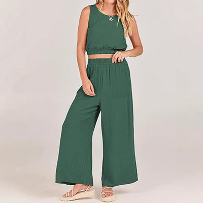 Casual Round Neck Sleeveless Elastic Lower Hem High Waist Wide Leg Two-piece Set