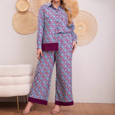 Ethnic Geometric Long Sleeve Shirt Trousers Suit