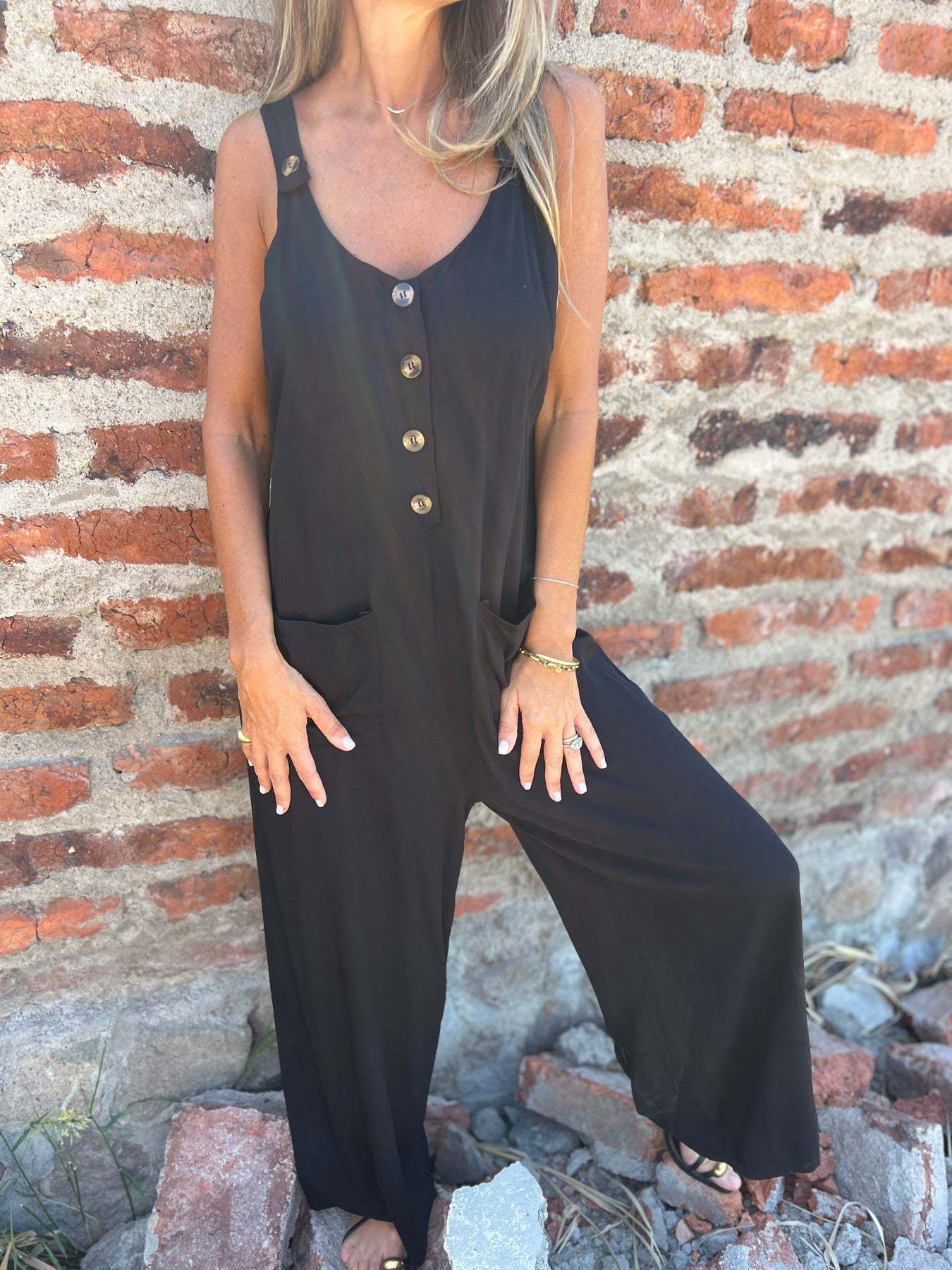 Women's Jumpsuit With Pockets Solid Color Loose Casual Buttons Long Pants Summer