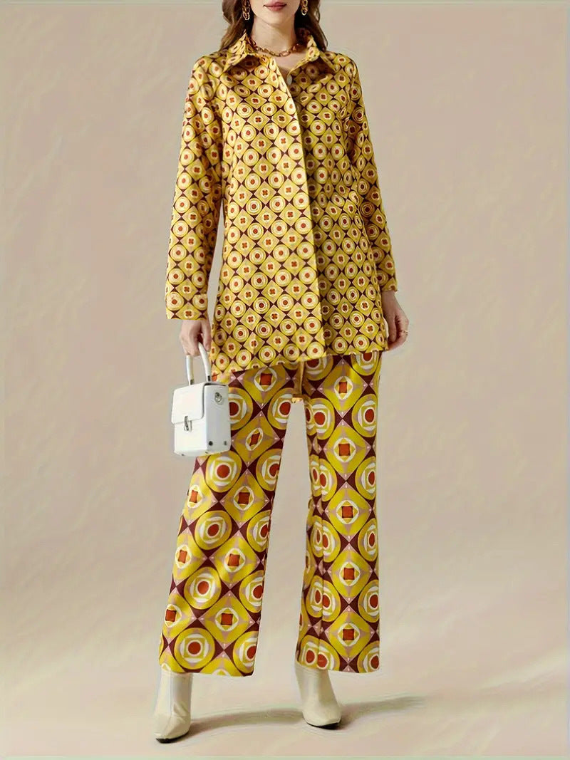 Ethnic Geometric Long Sleeve Shirt Trousers Suit