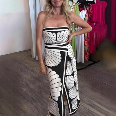 Sexy Shell Print Tube Top Backless Split Dress