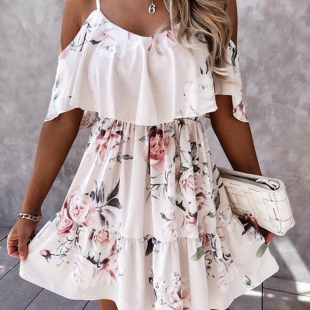 Spaghetti-strap Floral Print Elastic Waist New Loose Dress