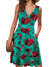 Elegant V-neck Sleeveless Vest Printed Pocket Dress Women