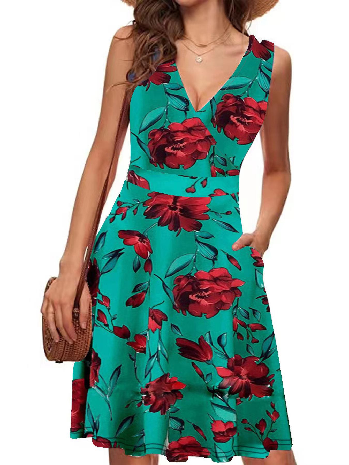 Elegant V-neck Sleeveless Vest Printed Pocket Dress Women