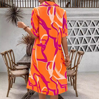 Printing Lapel Geometric Pattern Split Shirt Dress Ladies