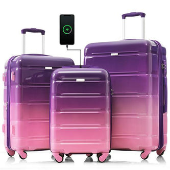 Luggage Set Of 3, 20-inch With USB Port, Airline Certified Carry-on Luggage With Cup Holder, ABS,PC Hard Shell Luggage With Spinner Wheels, Purple And Pink