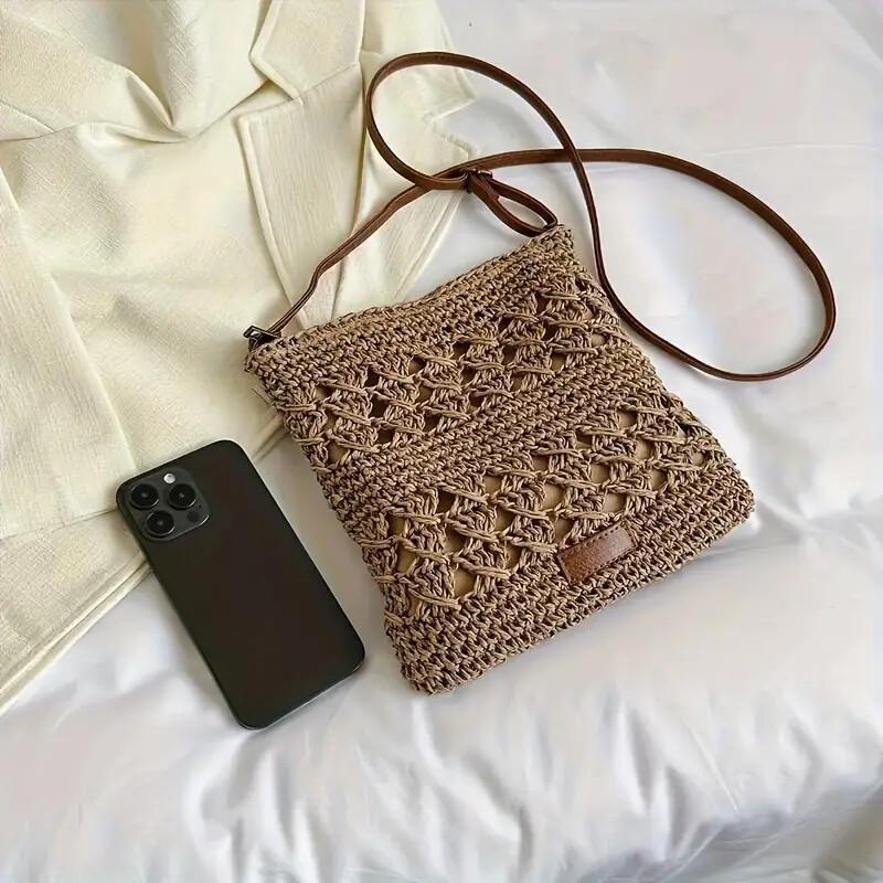 One Mini Solid Crochet Crossbody Bag With Adjustable Shoulder Strap For Women, Perfect As A Gift For Leisure, Woven Mini Bag