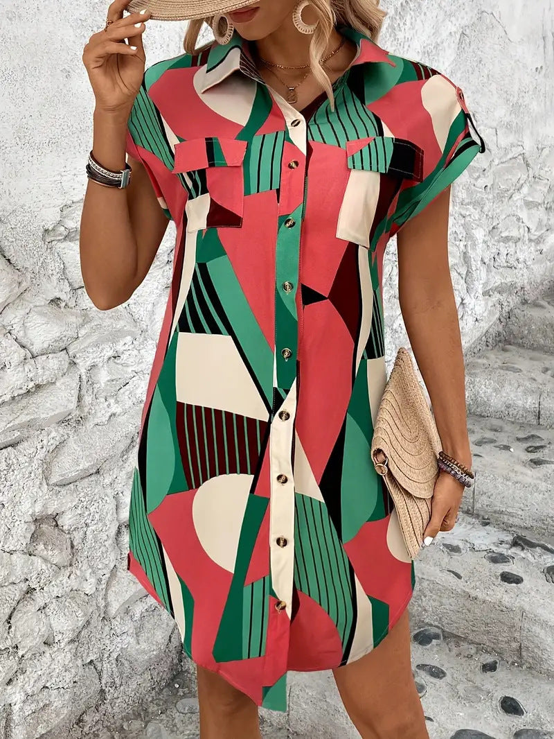 Geometric Printed Shirt Short Dress Women