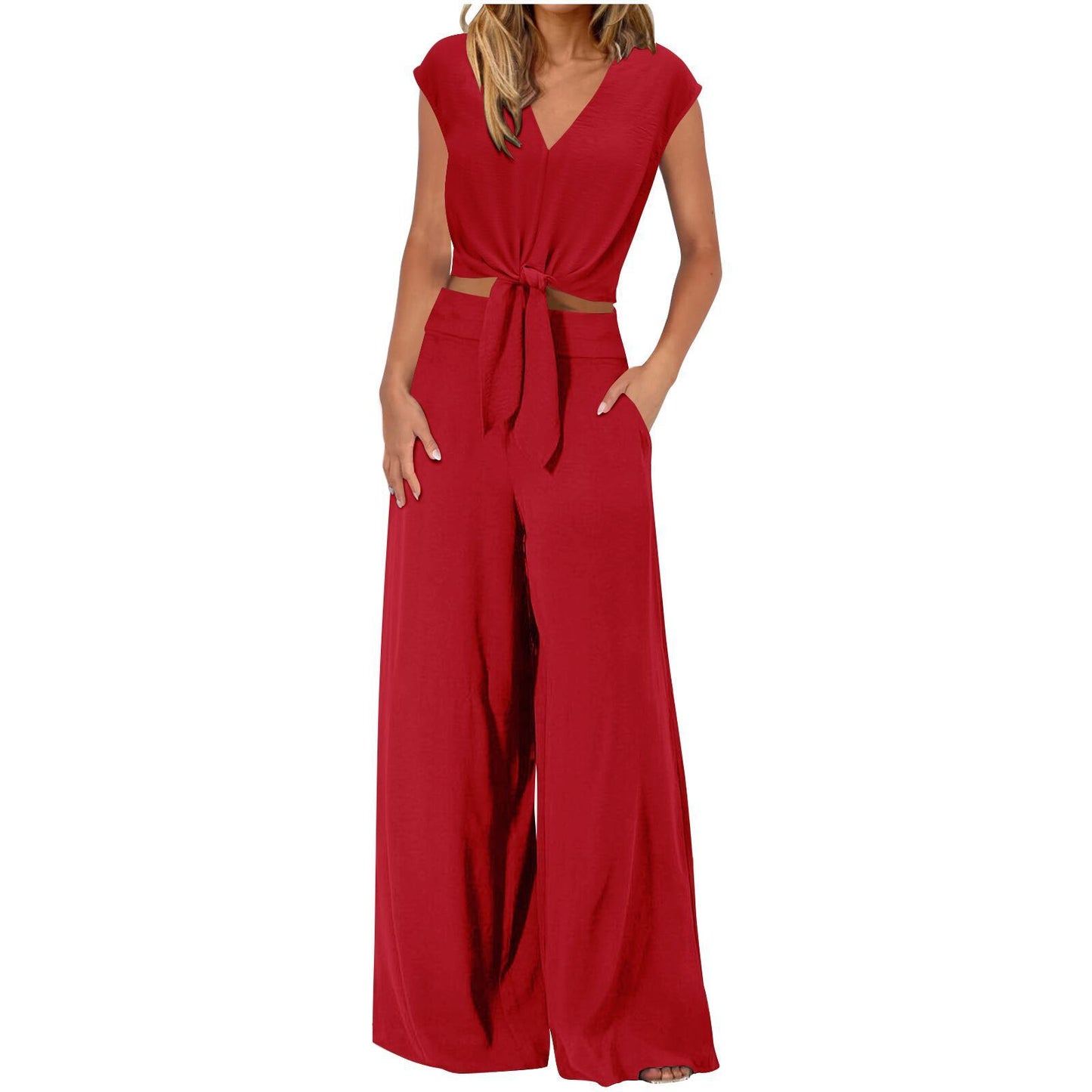 Short Top Wide Leg Pants Suit