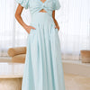 Women's Solid Color And V-neck Long Puff Sleeve Long Slimming Dress