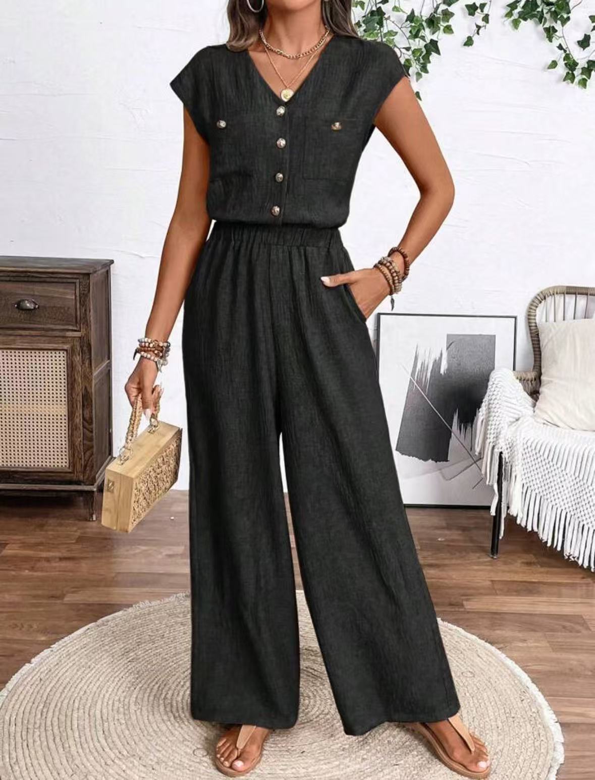 Women's V-neck Buttons Patch Pocket Jumpsuit