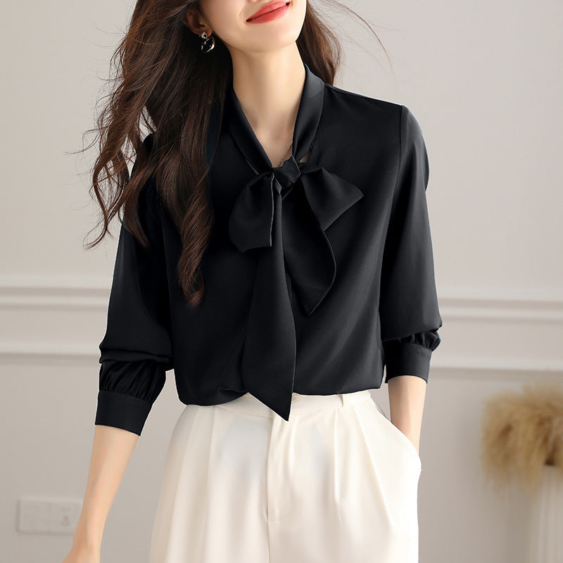 Acetate Satin Bow Shirt Women's Long Sleeve