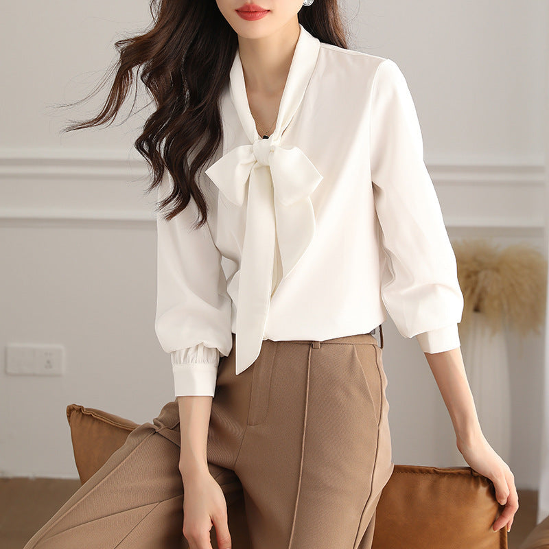 Acetate Satin Bow Shirt Women's Long Sleeve