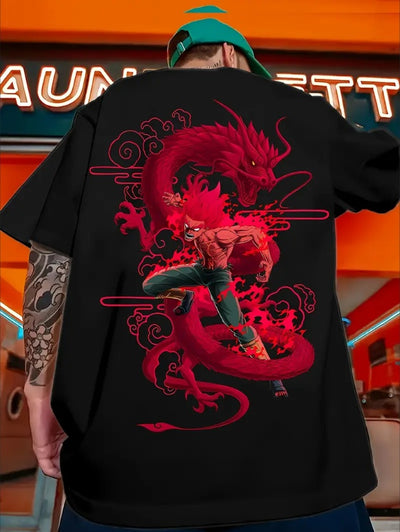 Anime-Inspired Dragon & Warrior Print T-Shirt For Men, Casual Crew Neck, Polyester Tee With Slight Stretch, Fashionable Short-Sleeve Sportswear Top