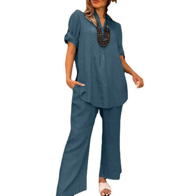 Solid Color Short Sleeve V-neck Top And Straight Wide Leg Pants Casual