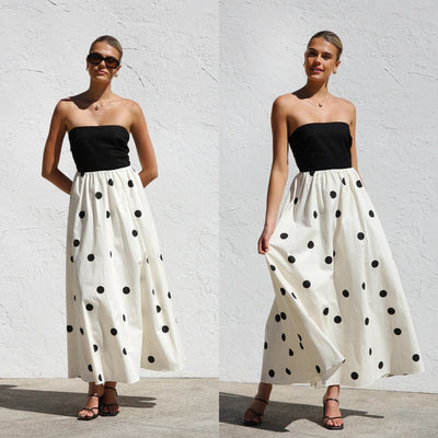 Polka Dot Print Stitching Chest Wrap A- Line Dress