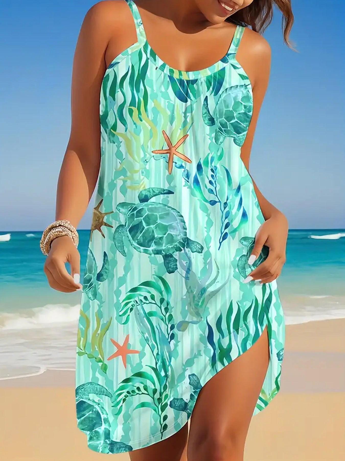 Sea Turtle Ocean Wind Printing Slip Dress