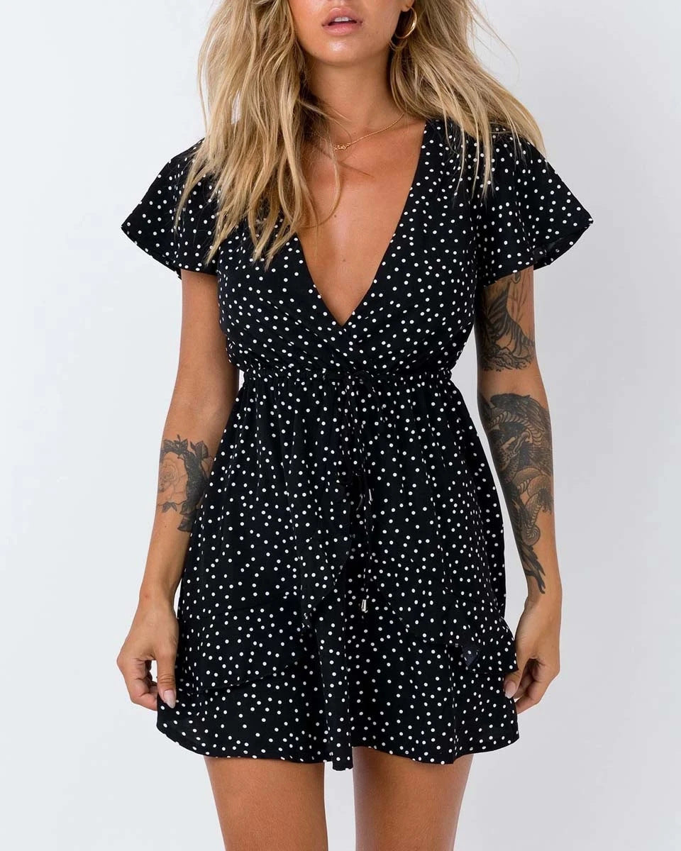 V-neck Polka Dot Waist Slimming Dress