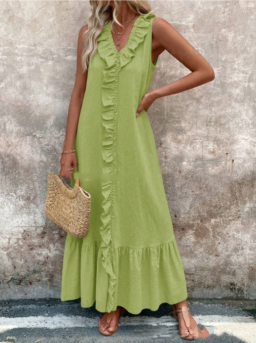 Solid Color Sleeveless Cotton Linen V-neck Swing Dress