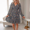 V-neck Long Sleeve Pleated Elastic Waist Casual Dress