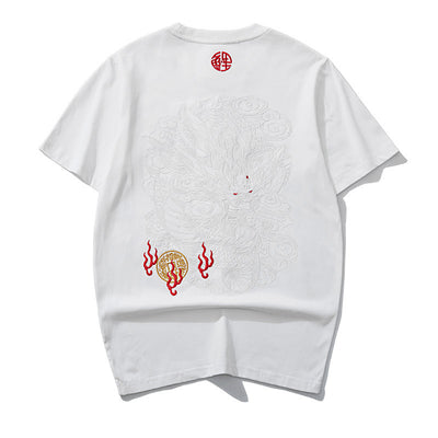 Embroidered Dragon Pattern Round Neck Cotton Top