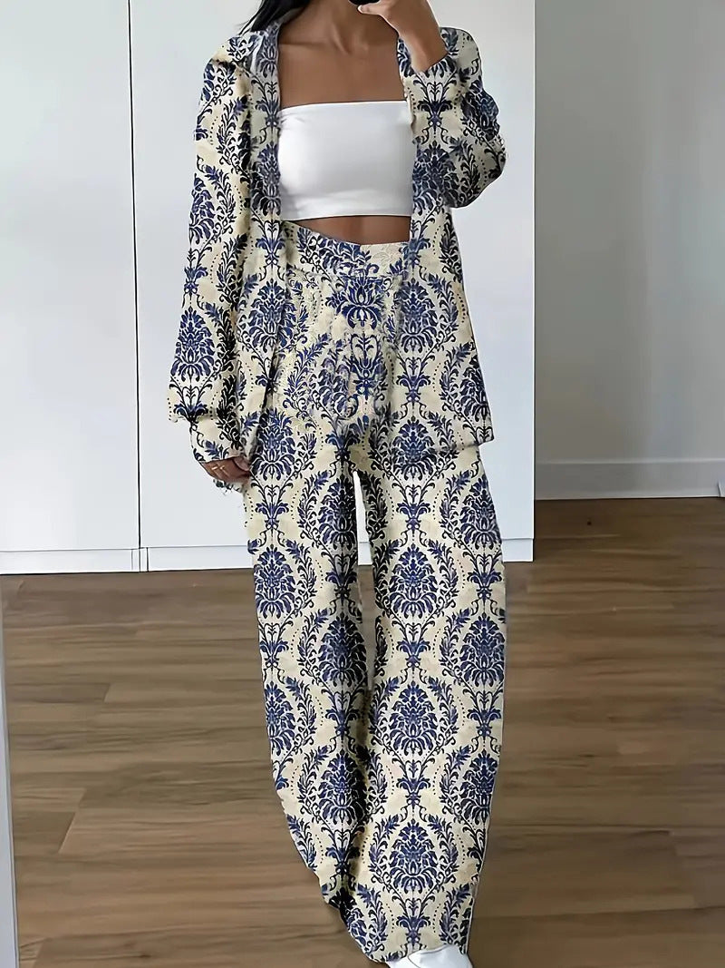 Ethnic Geometric Long Sleeve Shirt Trousers Suit