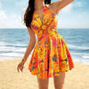 Ladies' Summer Contrasting Tropical Print Hanging Neck With V-neck Hollow Out Pleated Beach Vacation Style Short Dress