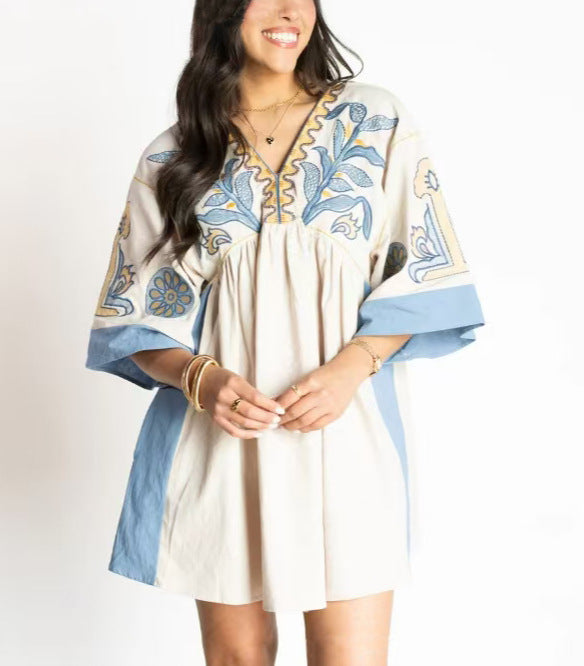 Women's Floral Printed 34 Sleeves V-neck Dress