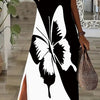 Elegant Women's Short Sleeve V-Neck Knit Fabric Dress With 3D Black And White Butterfly Print And Side Split Detail,  Fit And Flare Maxi Dress For All Seasons