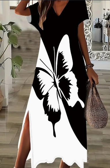 Elegant Women's Short Sleeve V-Neck Knit Fabric Dress With 3D Black And White Butterfly Print And Side Split Detail,  Fit And Flare Maxi Dress For All Seasons