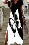 Elegant Women's Short Sleeve V-Neck Knit Fabric Dress With 3D Black And White Butterfly Print And Side Split Detail,  Fit And Flare Maxi Dress For All Seasons