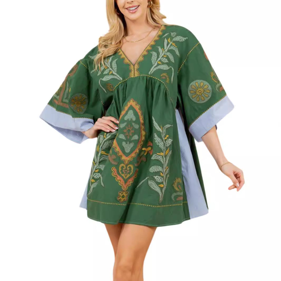 Women's Floral Printed 34 Sleeves V-neck Dress