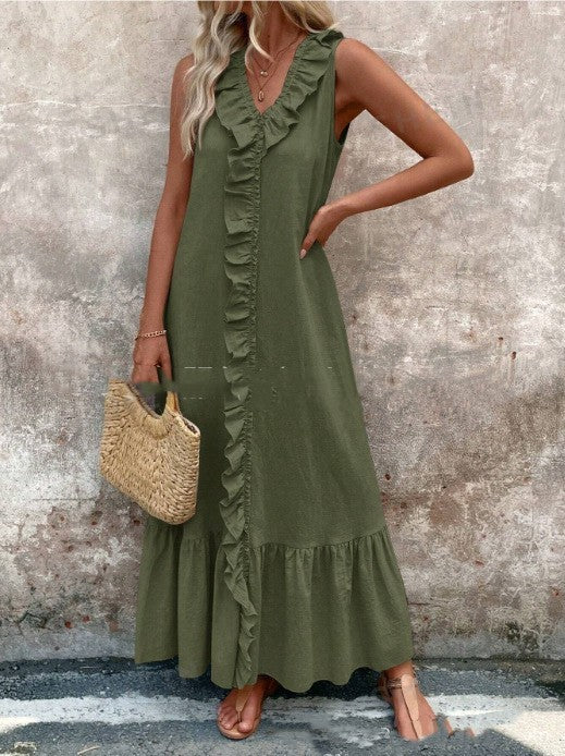 Solid Color Sleeveless Cotton Linen V-neck Swing Dress