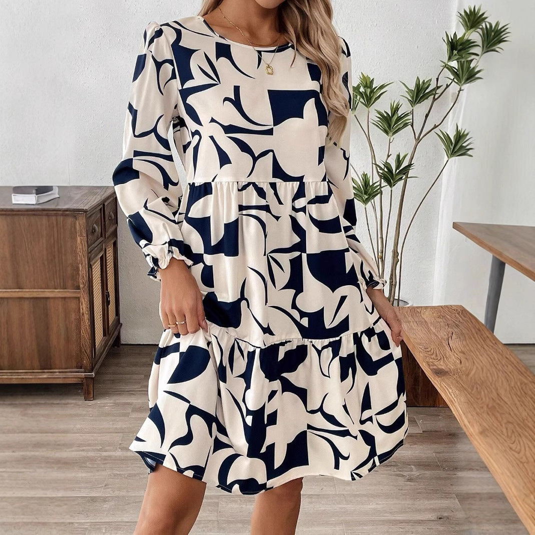 Printed Round Neck Long Sleeve Commuter Dress