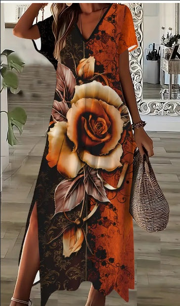 Women'S Elegant V-Neck Floral Rose Print Maxi Dress With Side Split,All-Season Fit And Flare Dress