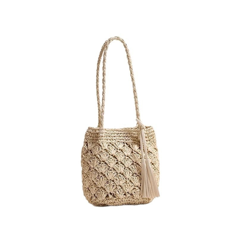 Fashion Tassel Shoulder Straw Bag Fan Hollow Beach Bag