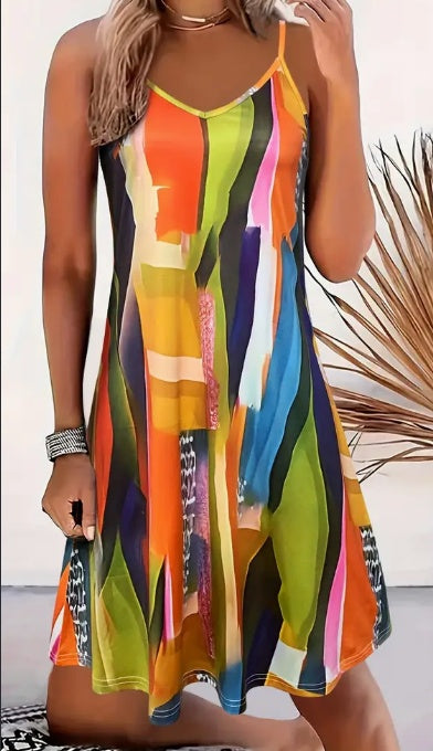 Abstract Print Backless Beach Cami Dress, Vacation V-neck Sleeveless Dress, Women's Clothing