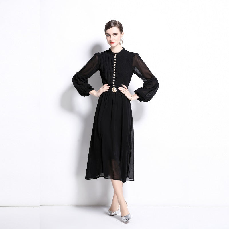 Heavy Industry Metal Buckle Pleated Stitching Puff Sleeve Waist-controlled Large Hem Temperament Long Dress