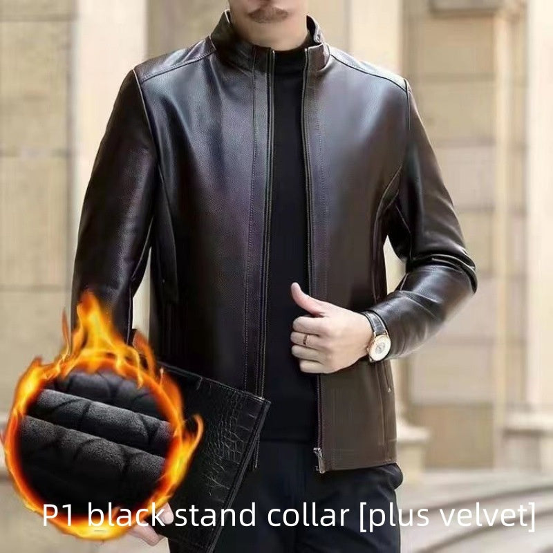 Leather Jacket For Middle-aged Men Leather Clothing With Stand Collar Men Fleece-lined