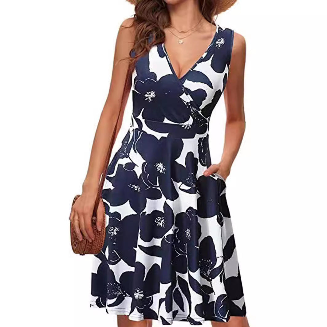 Elegant V-neck Sleeveless Vest Printed Pocket Dress Women