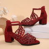 Buckled Chunky Heel Casual Plus Size Women's Roman Rhinestone Sandals