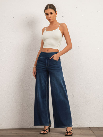 Shascullfites Mid Waist Wide Leg Jeans For Women Stretch Dark Blue Denim Casual Loose Fit Full Length Trousers With Pockets