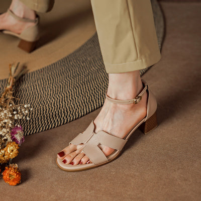 Open Toe Roman Chunky Heel Apricot Shoes