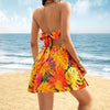 Ladies' Summer Contrasting Tropical Print Hanging Neck With V-neck Hollow Out Pleated Beach Vacation Style Short Dress