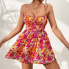 Women's Floral Print Dress Summer Lace-up Back Seaside Holiday Short Dresses