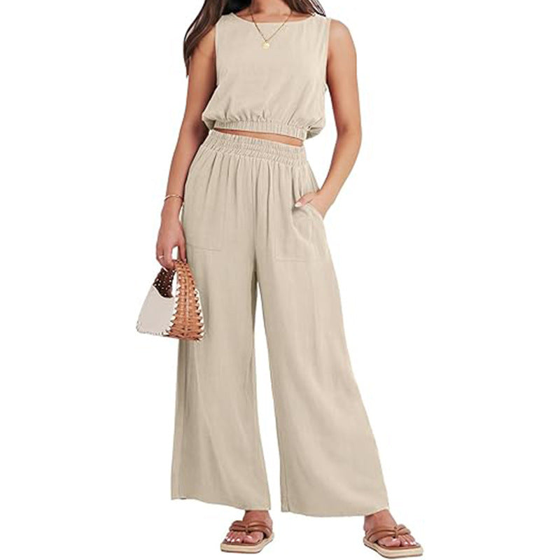 Casual Round Neck Sleeveless Elastic Lower Hem High Waist Wide Leg Two-piece Set